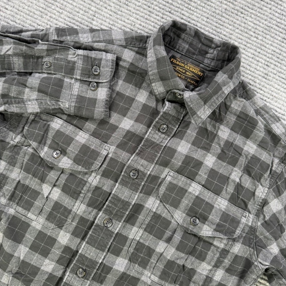 Filson Scout Shirt Mens XS Black Grey Plaid Cotton Twill Button Down Flannel